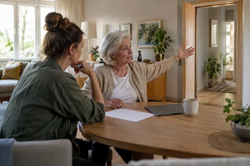 Illustrative scene of two adults discussing a doorway from a dining table with blank planning paper.