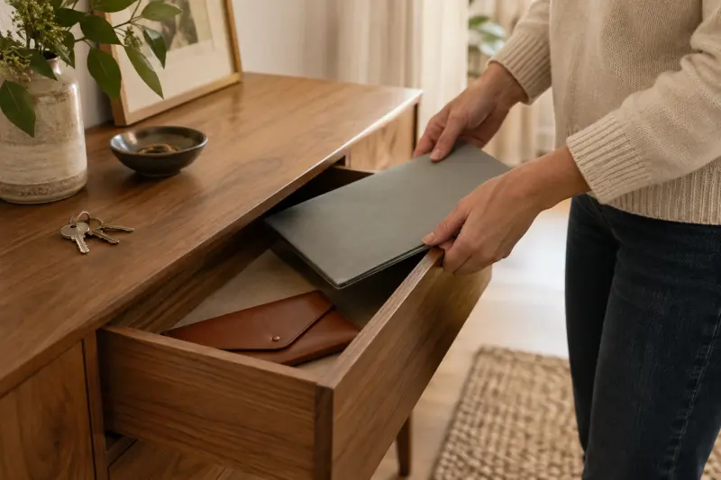 Illustrative detail of storing a closed folder and document wallet in a household drawer.