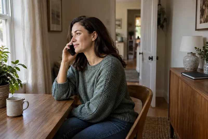 Illustratieve scène van een vrouw die naast een gesloten huishoudmap rustig telefonisch informatie vraagt.