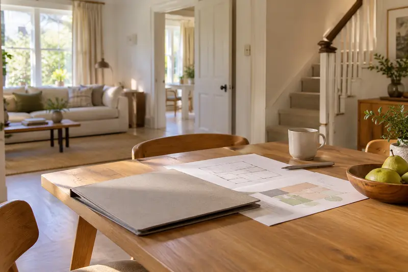 Plain project folder and unannotated floor sketches on a domestic dining table.