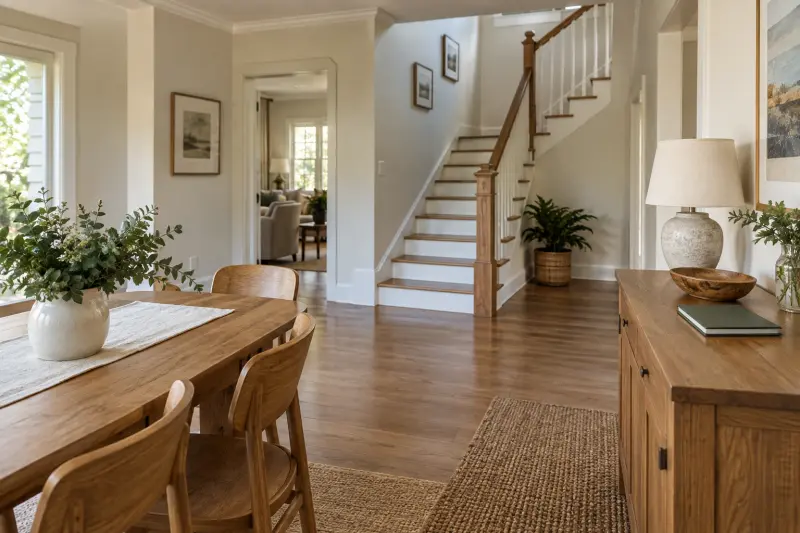 A dining nook beside a stair hall with a closed notebook.