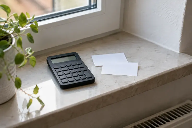 An unmarked calculator beside blank slips on a window ledge.