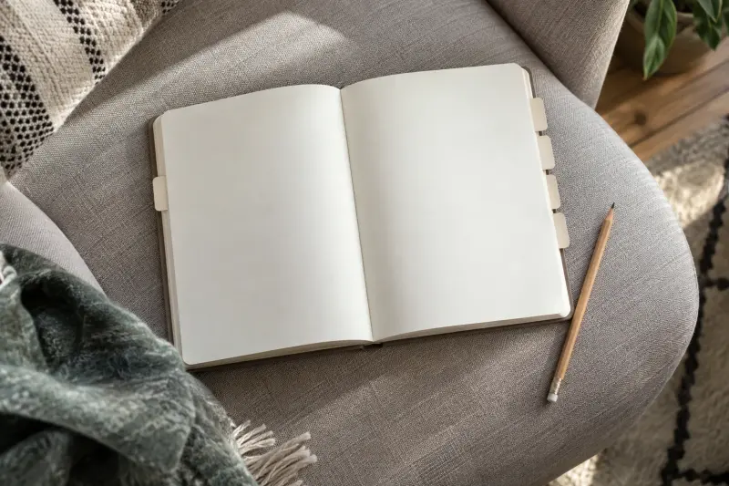 A blank tabbed notebook on an armchair.