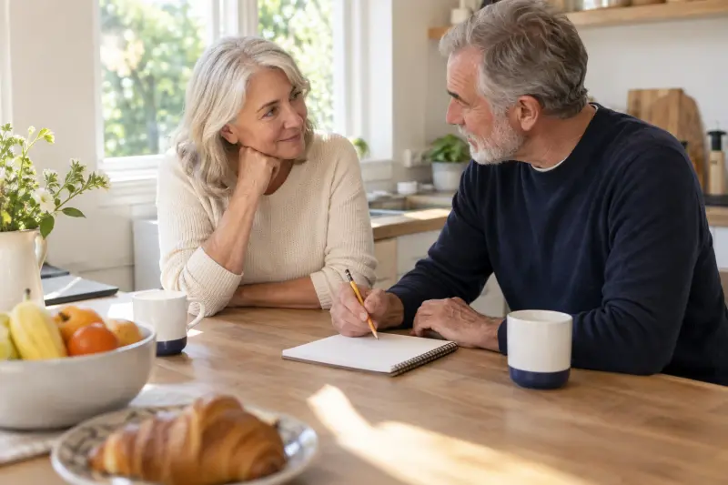 Two older adults discussing a blank notebook at home.