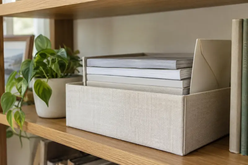 Plain manuals and envelope in a linen storage box.