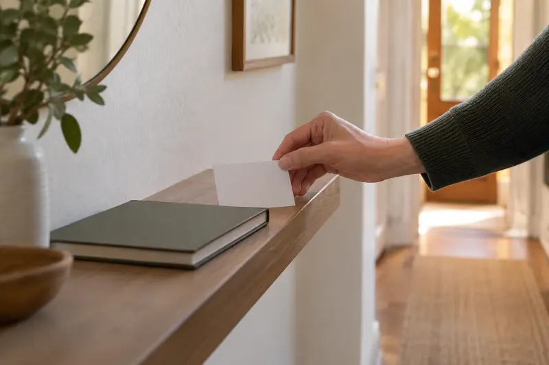 Een hand legt een blanco kaart naast een gesloten notitieboek.
