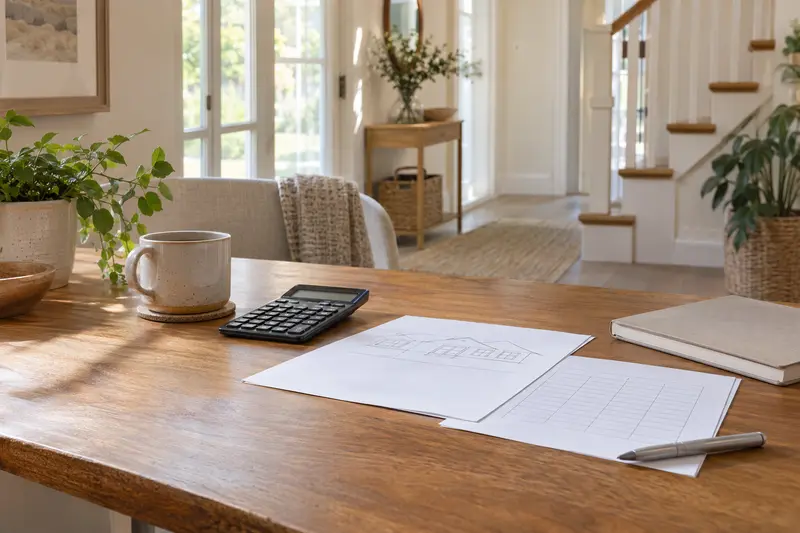 Calculator, blank ownership worksheet and a planning notebook on an oak table.