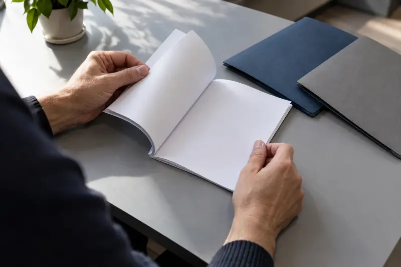 Illustrative hands looking through a plain booklet beside separate document folders.