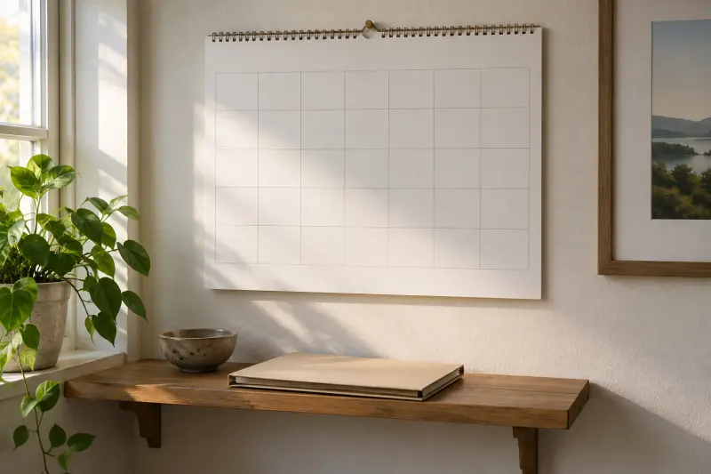 Illustrative blank calendar grid above a shelf with a plain closed folder.