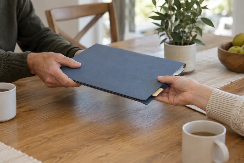 Illustrative hands passing a plain household folder across a table.