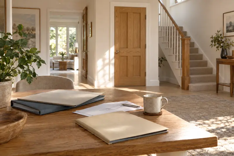 Ownership folders and a room sketch on a wooden table near an ordinary staircase.