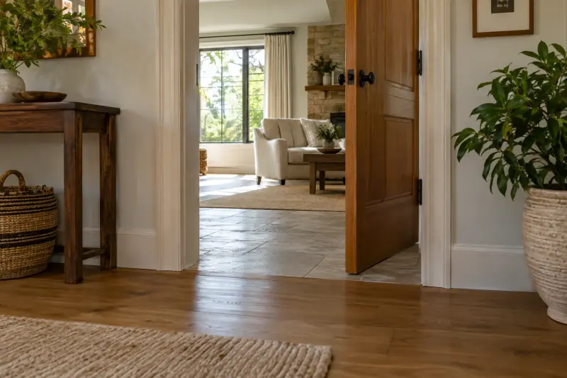 Illustrative view of an open doorway and a wood-to-stone floor transition in a home.