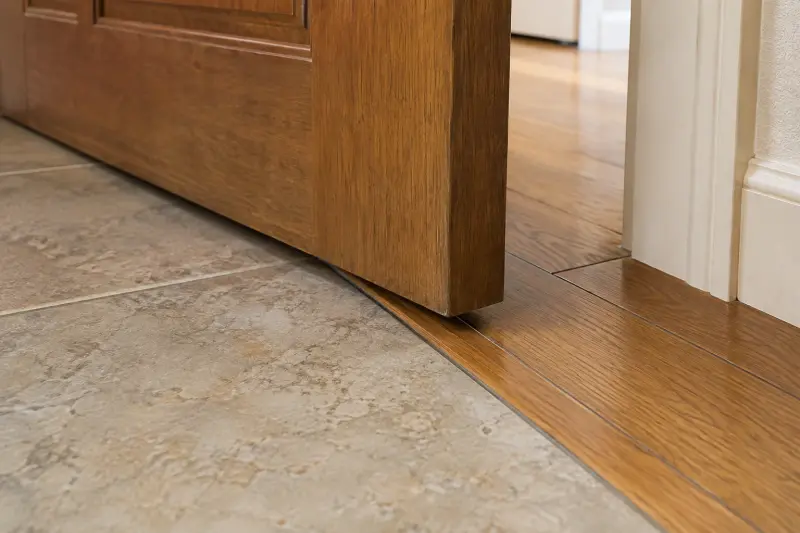 Illustrative detail of a wooden floor strip and tiled floor beneath an open door.