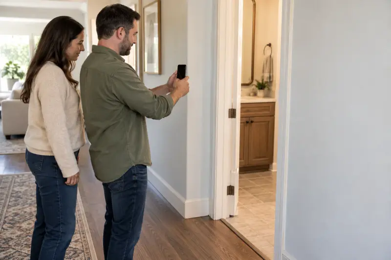 Illustrative scene of two adults recording a doorway with a phone while standing beside it.