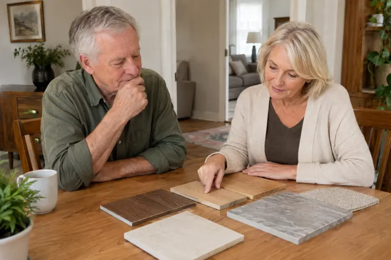 Illustrative scene of two adults discussing wood and stone flooring samples at a table.