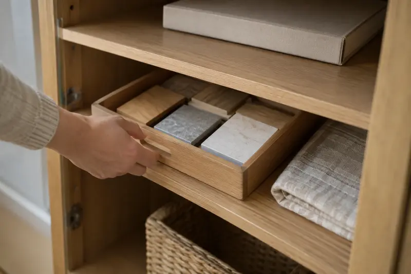 Illustrative detail of flooring samples stored in a tray beside a folded cloth.