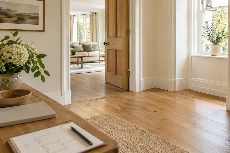 Wooden floor and an open interior doorway beside a planning notebook.