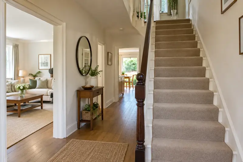An ordinary stair hall beside a sitting-room doorway.