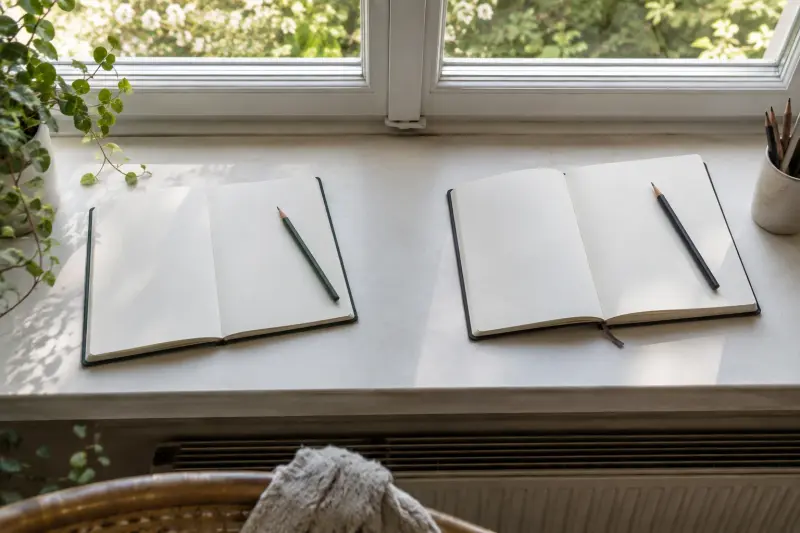 Two blank notebooks on a broad windowsill.