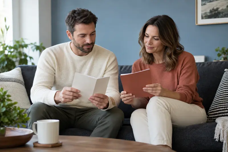 Two adults comparing plain booklets on a sofa.