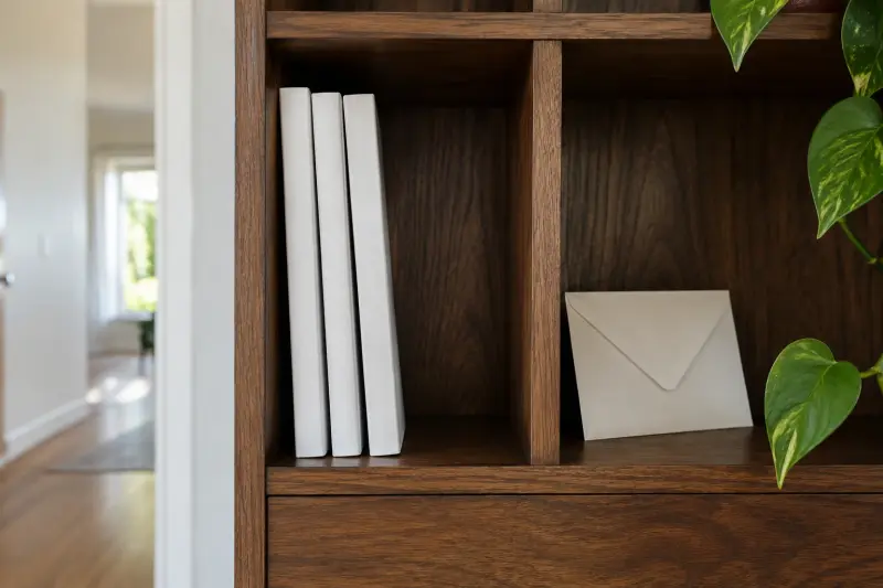 Plain manuals and an envelope in separate wall compartments.