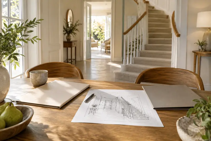 Two comparison folders and a sketch of a stairway on an oak table.