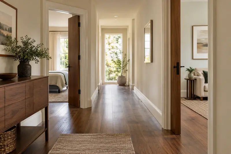 Uncluttered domestic hallway connecting two open interior doors.