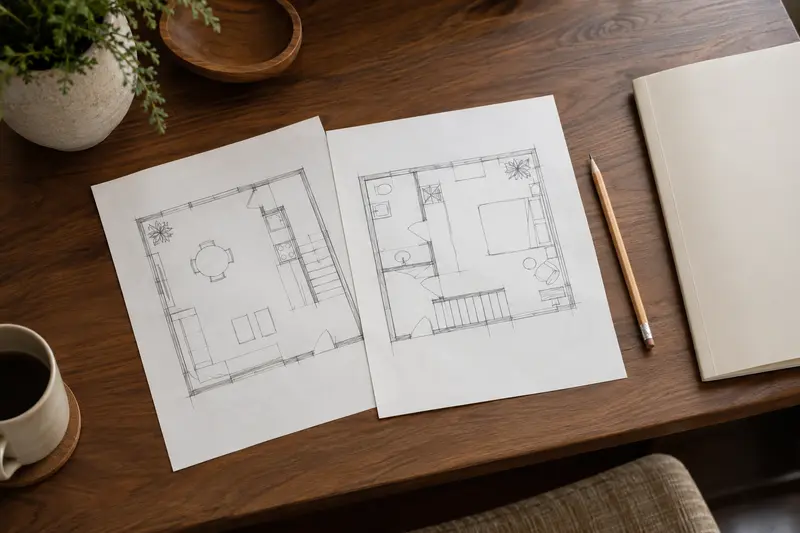 Two simple unannotated room sketches and a pencil on a walnut desk.