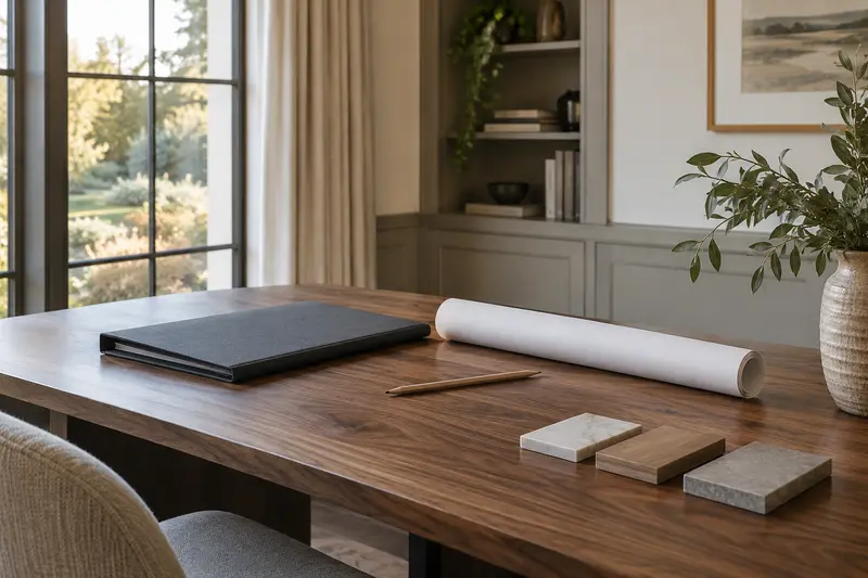 Closed planning folder, rolled sheet and material samples on a walnut study desk.