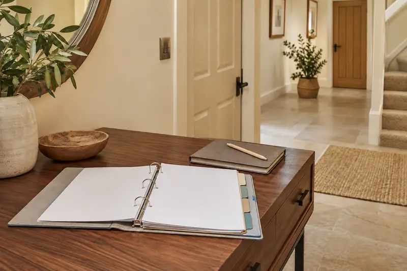 Open household document binder with blank pages and neutral dividers on a wooden console.