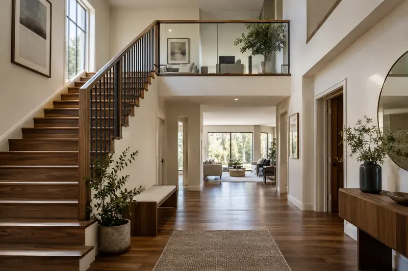 Two-level home interior with an ordinary staircase, mezzanine and connecting hallway.