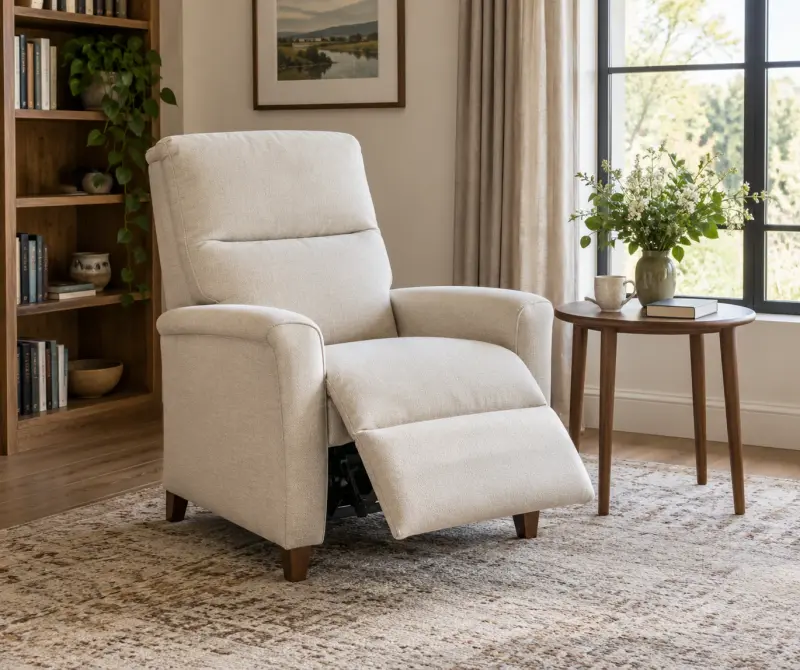 Illustrative empty reading corner with an upholstered chair and separate side table.