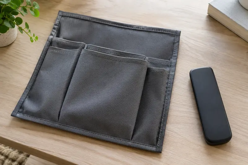 Illustrative unattached fabric organiser and separate plain control on a tabletop.