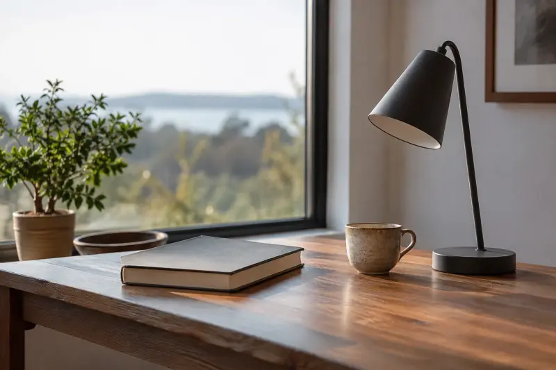 Illustrative separate lamp, book and cup on a reading table.