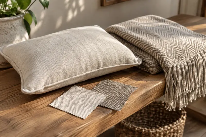 Illustrative cushion, folded throw and fabric samples on a wooden bench.