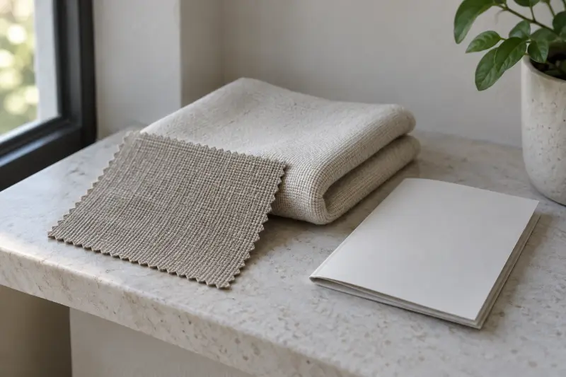 Illustrative fabric swatch, soft cloth and plain care booklet on a shelf.