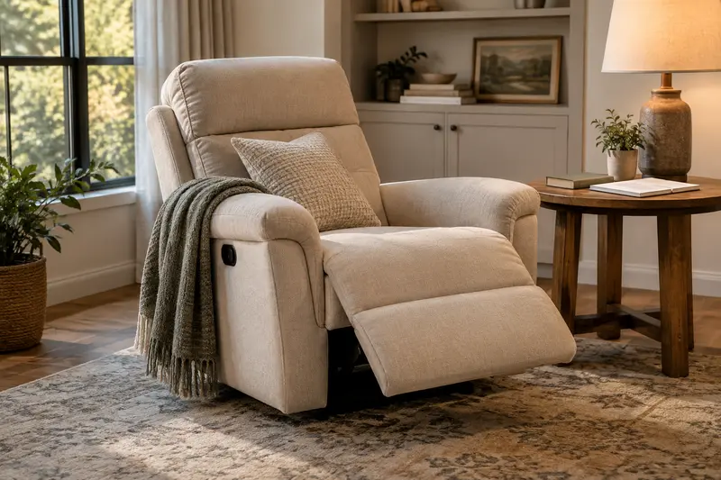 Illustrative empty recliner beside books and a plain task notebook in a living room.
