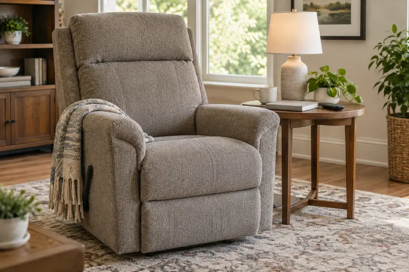 Illustrative view of an upright upholstered recliner beside a closed book and remote in a living room.