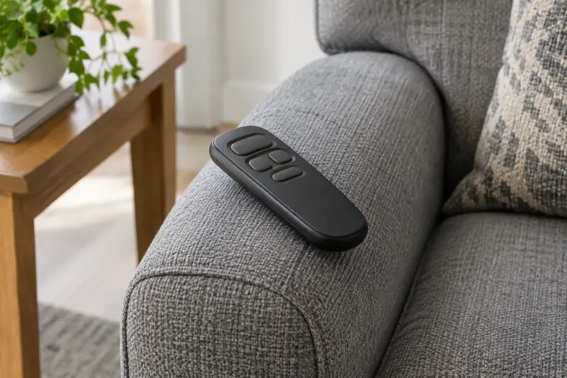 Illustrative detail of an inactive unmarked hand control resting on an upholstered chair arm.