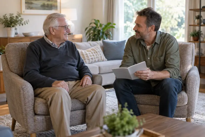 Illustrative scene of two adults seated in separate chairs discussing a plain booklet.