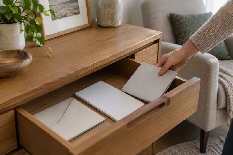 Illustrative detail of storing a plain booklet, notebook and envelope in a drawer beside a chair.