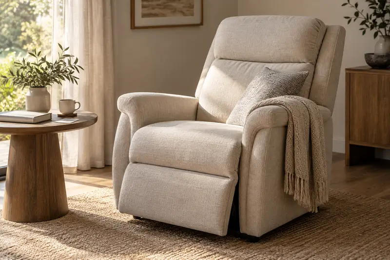 Illustrative empty beige recliner beside a closed manual and plain card.
