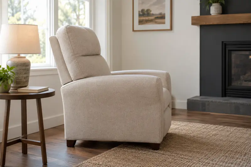 Un sillón liso tapizado y vacío junto a una mesa auxiliar.