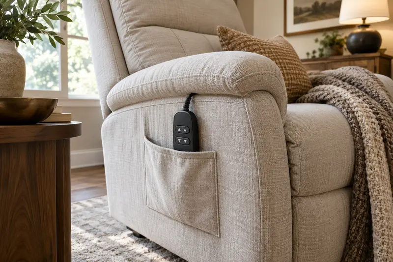 Unbranded recliner hand control in a fabric side pocket.