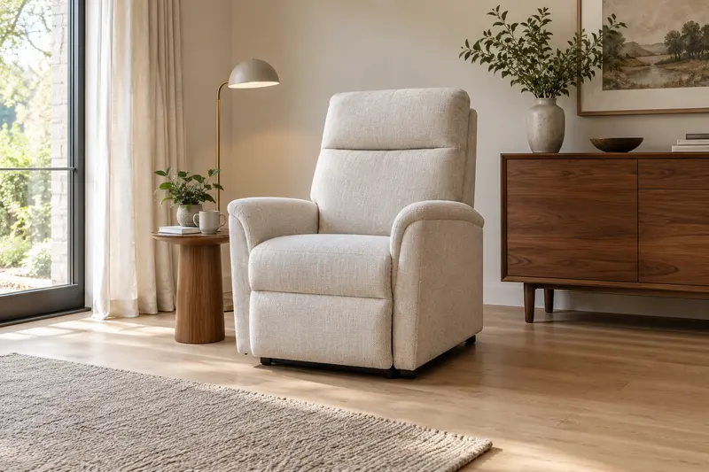 Cream recliner beside a walnut table in a quiet sitting room.