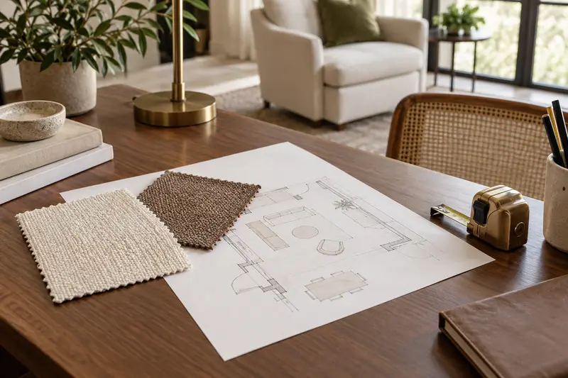 Upholstery samples, a room sketch and a tape measure on a walnut desk.