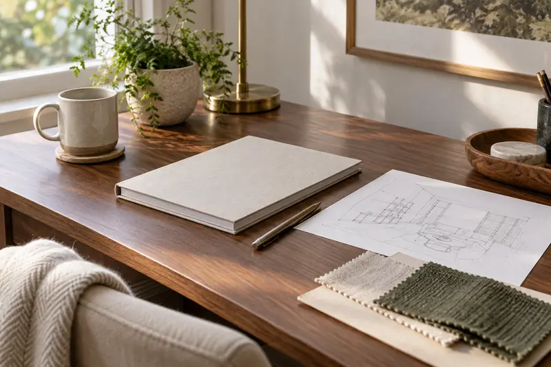 Product booklet, room sketch and fabric sample on a quiet desk.
