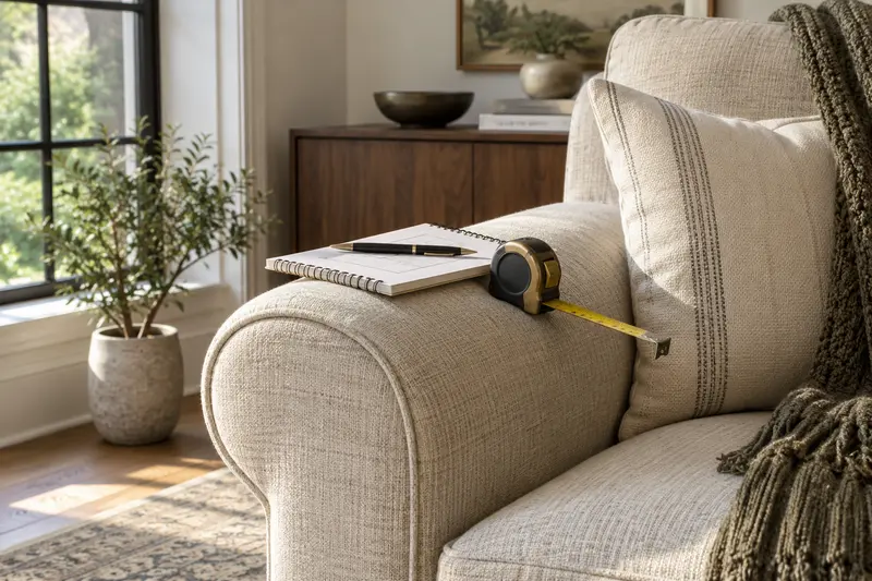 Notebook and tape measure resting on a cream chair arm.