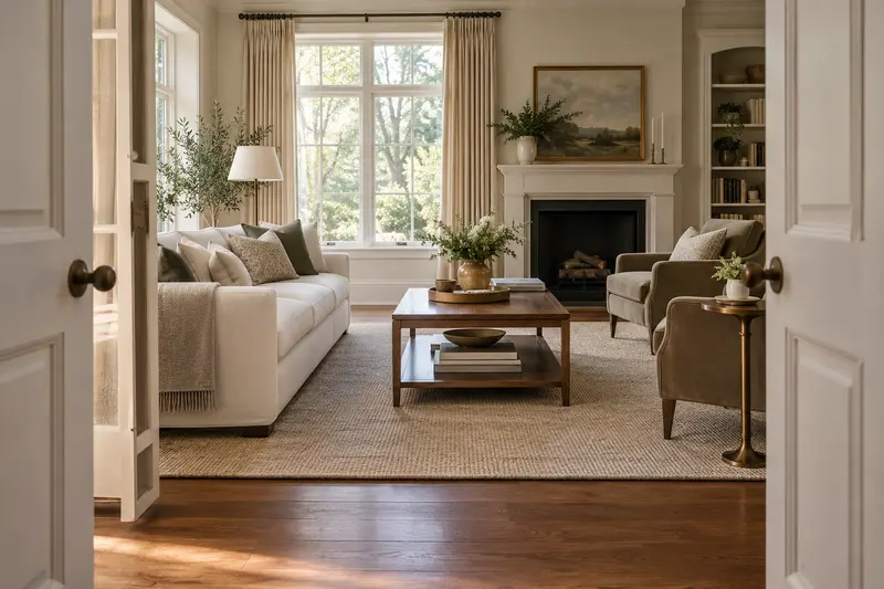 Open doorway and clear floor beside a cream recliner.