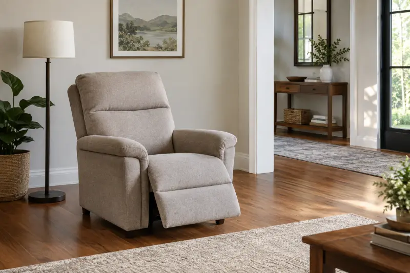 Illustrative empty living room with a chair, separate lamp and visible passage.